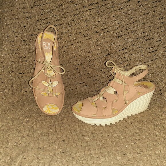 FLY LONDON-YEXA-Blush/Light Pink-Lace-Up Wedge Sandals-Sz 36-Excellent - Picture 1 of 8